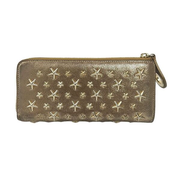 Jimmy Choo Metallic Gold Leather Star Studs Long Zipper Wallet - Picture 1 of 10